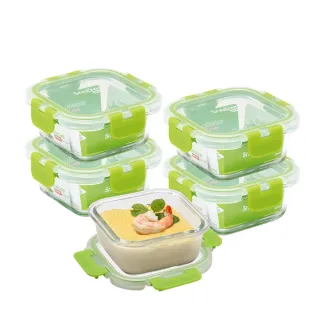 【CorelleBrands 康寧餐具】可拆扣玻璃保鮮盒正方形320ml超值5件組(E02)