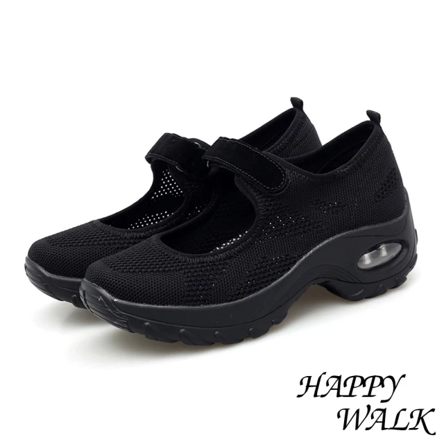 【HAPPY WALK】彈力透氣飛織魔鬼粘機能氣墊休閒娃娃鞋(黑)