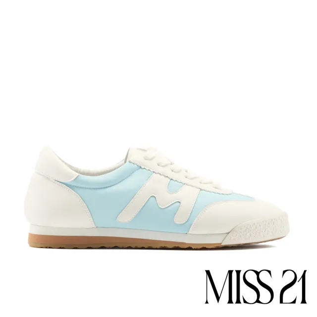 【MISS 21】美式復古M字拼接綁帶厚底休閒鞋(藍)