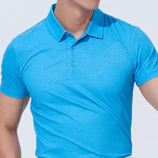 【KING GOLF】速達-男款三角撞色印圖開襟POLO衫/高爾夫球衫(藍色)