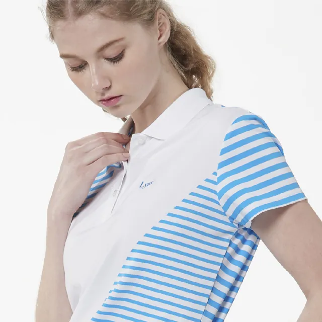 【Lynx Golf】女款吸汗速乾羅紋領橫條背後滿版印花短袖立領POLO衫(白色)