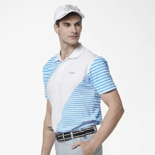 【Lynx Golf】男款吸汗速乾羅紋領橫條背後滿版印花短袖立領POLO衫(白色)