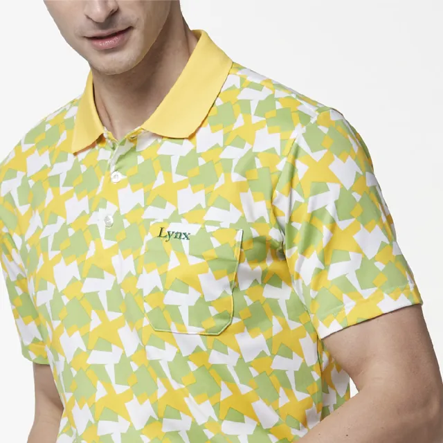 【Lynx Golf】男款吸濕排汗羅紋領滿版大千鳥紋印花胸袋款短袖POLO衫(黃色)