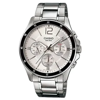 【CASIO 卡西歐】爵士型男三眼不鏽鋼腕錶/銀x黑框(MTP-1374D-7A)