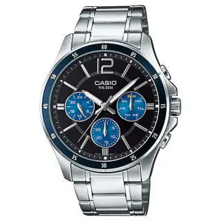 【CASIO 卡西歐】爵士型男三眼不鏽鋼腕錶/銀x藍面(MTP-1374D-2A)