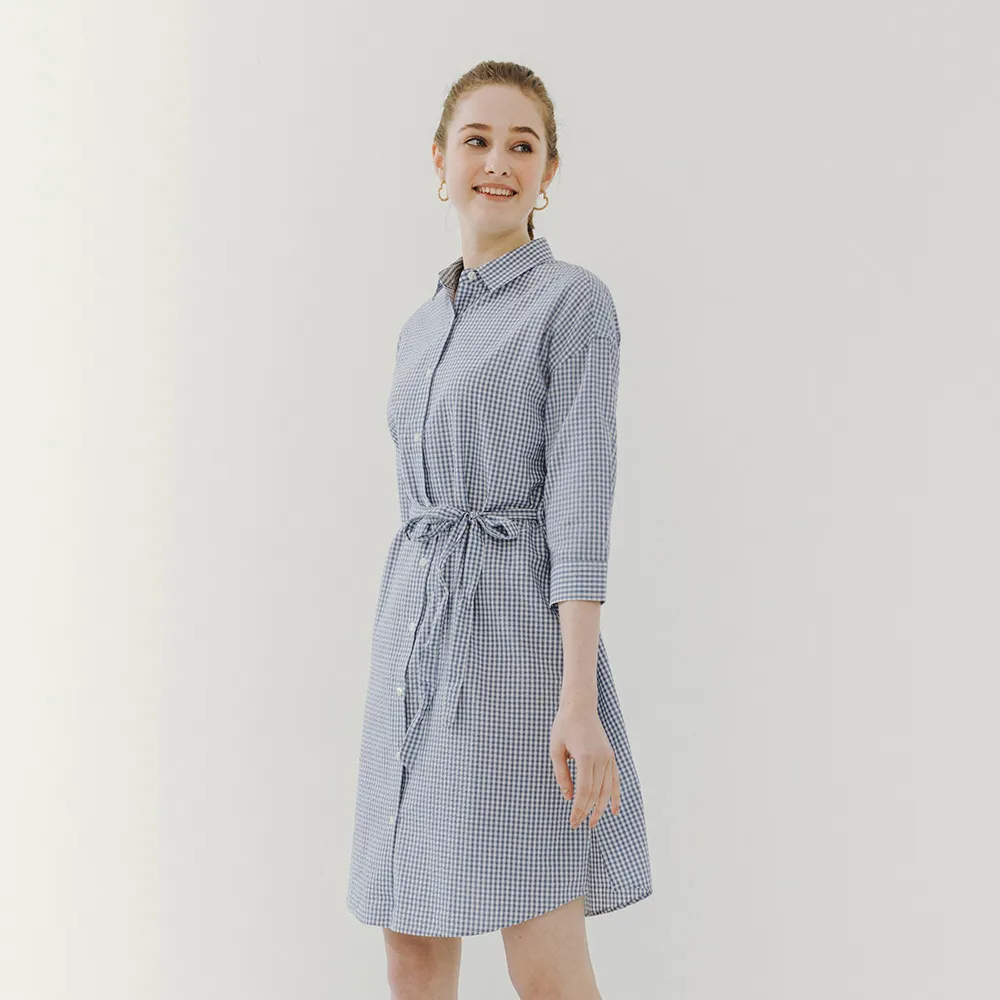 【Hang Ten】女裝-格紋七分袖襯衫洋裝(藍)