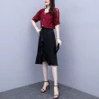 【KVOLL】現貨-玩美衣櫃柔美紅花邊衣袖上衣+荷葉黑裙二件裙套裝L-5XL