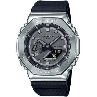 【CASIO 卡西歐】G-SHOCK 金屬時尚八角髮絲紋雙顯錶(GM-2100-1A)