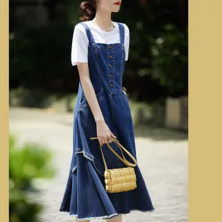 【初色】吊帶A字裙牛仔丹寧連身裙洋裝-藍色-60905(M-XL可選)