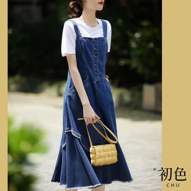 【初色】吊帶A字裙牛仔丹寧連身裙洋裝-藍色-60905(M-XL可選)