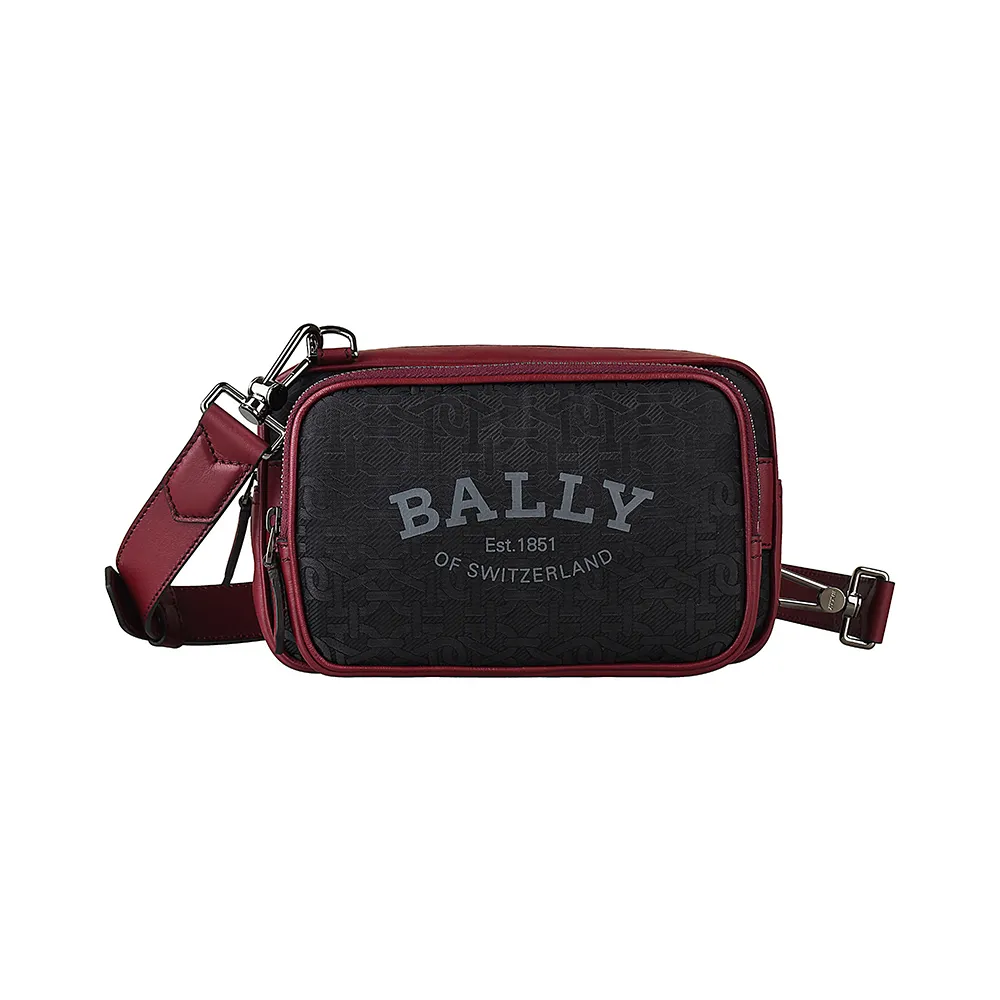 【BALLY】BALLY  Chadd印字LOGO尼龍拉鍊肩背/斜背/胸掛包(黑x紅)