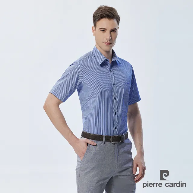 【pierre cardin 皮爾卡登】男襯衫 棉混紡抗皺舒適商務休閒條紋短袖襯衫_藍條(52256-33)