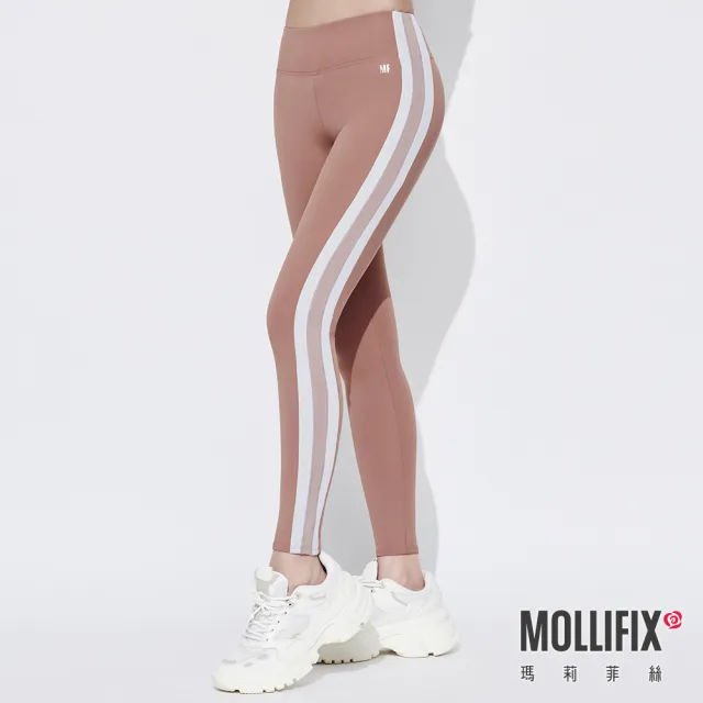 【Mollifix 瑪莉菲絲】側邊雙色延伸動塑褲、瑜珈服、Legging(茶褐)