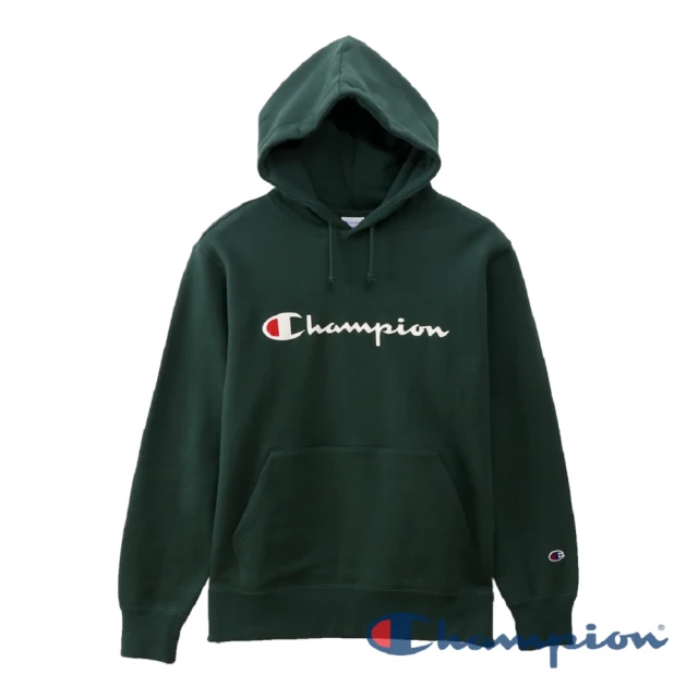 【Champion】官方直營-Basic草寫Logo內刷毛連帽長袖Tee-男(深綠色)