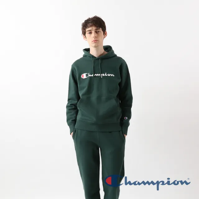 【Champion】官方直營-Basic草寫Logo內刷毛連帽長袖Tee-男(深綠色)