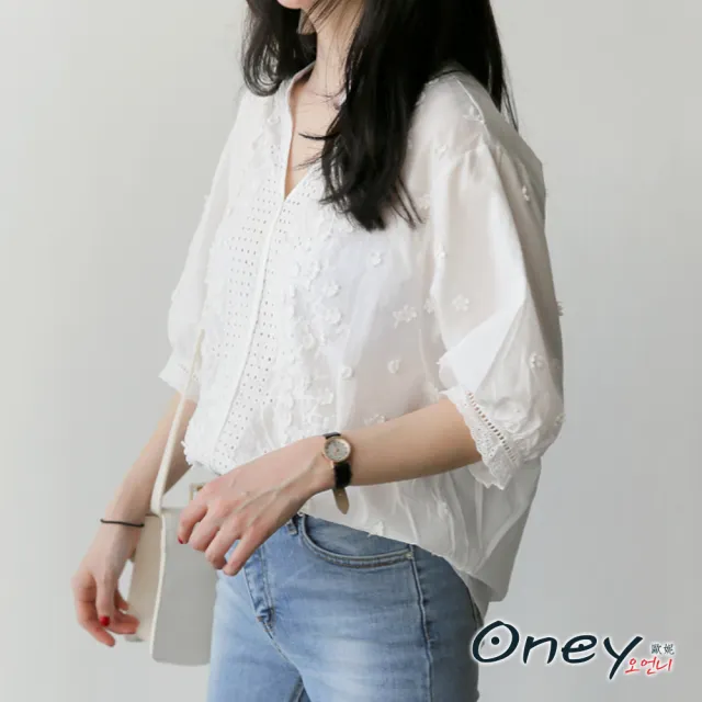 【ONEY 歐妮】★簡約刺繡七分袖上衣(寬鬆/短袖/上班族)