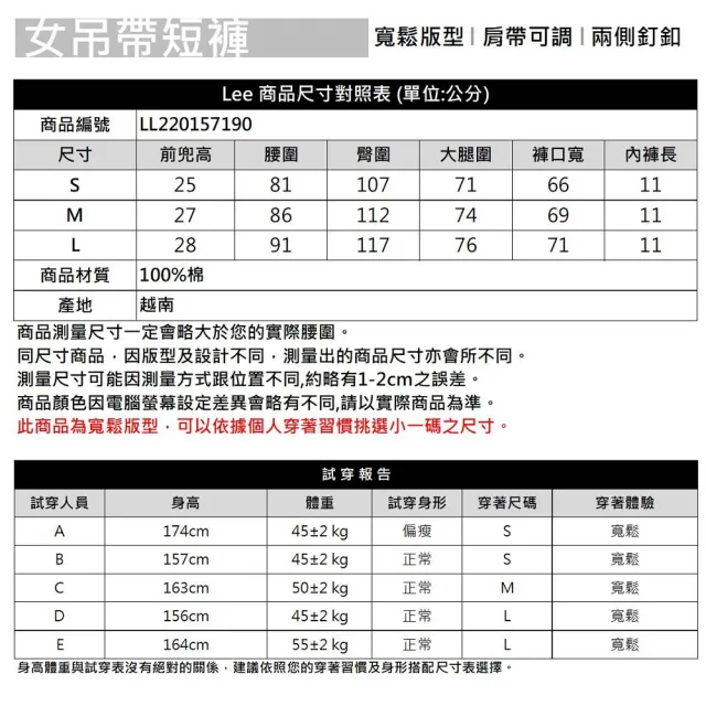 【Lee】女裝 吊帶短褲 / 休閒百搭 深藍洗水(LL220157190)