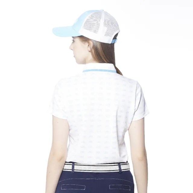 【Lynx Golf】女款吸排抗UV合身版花邊領設計滿版Lynx字樣印花短袖POLO衫/高爾夫球衫(白色)