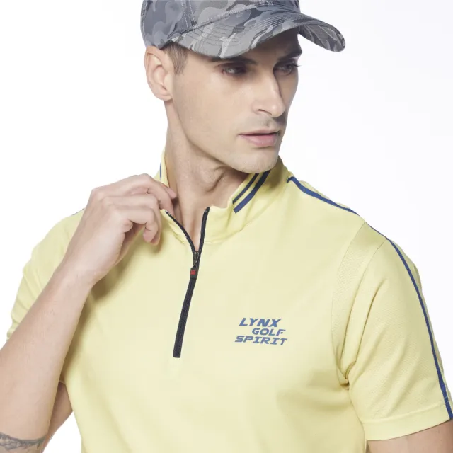 【Lynx Golf】男款吸汗速乾涼感Mesh洞洞布異材質剪接短袖立領POLO衫/高爾夫球衫(黃色)