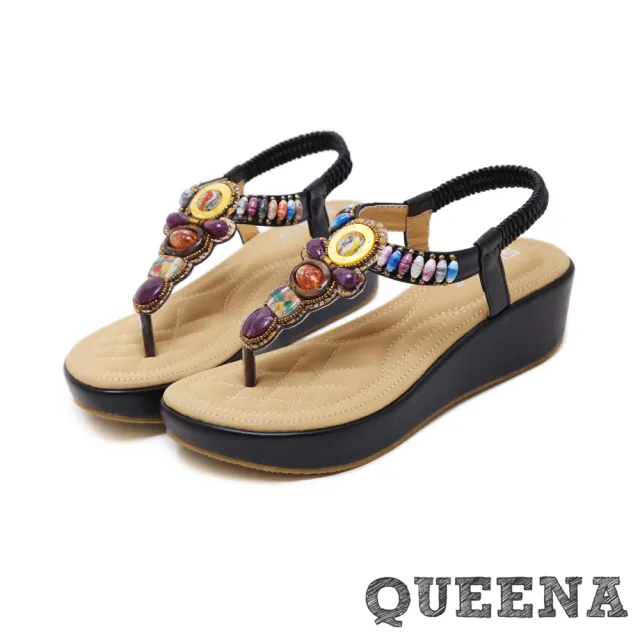 【QUEENA】時尚民族風波希米亞串珠波跟厚底夾腳涼鞋(黑)