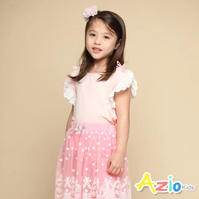 【Azio Kids 美國派】女童 上衣 肩蝴蝶結蕾絲荷葉短袖上衣(粉)