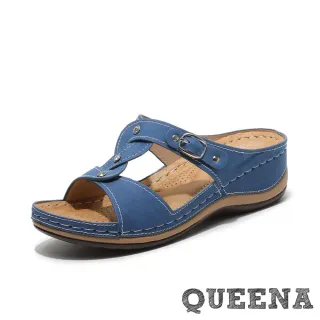 【QUEENA】簡約麻花皮帶釦飾美鑽造型舒適坡跟厚底拖鞋(藍)