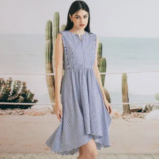 【OUWEY 歐薇】夏日浪漫條紋後縷空蕾絲造型無袖洋裝3222397712(深藍)