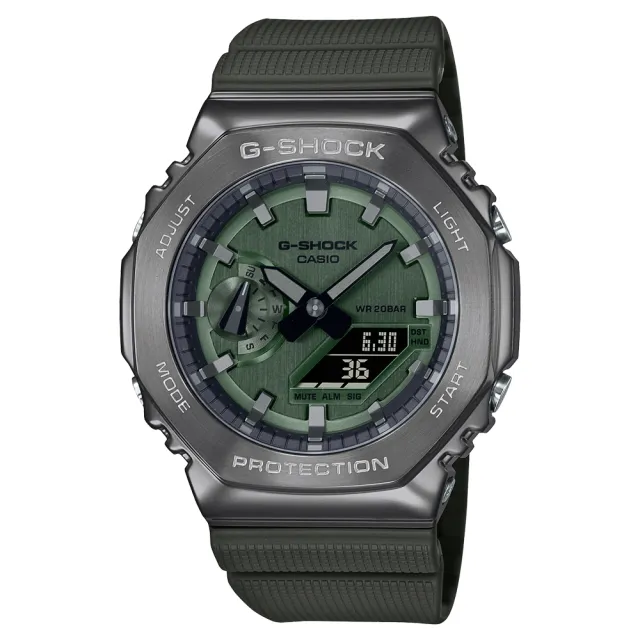 【CASIO 卡西歐】G-SHOCK 八角金屬錶殼 雙顯手錶(灰x綠_GM-2100B-3A)