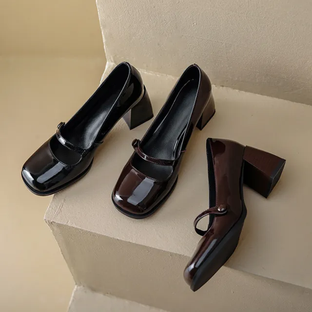 【JP Queen New York】法式粗跟復古方頭瑪麗珍鞋(2色能選)