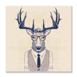 【24mama 掛畫】單聯式 油畫布 辦公室 時髦 眼鏡 襯衫 背心 領帶 動物 藝術 插圖 無框畫-60x60cm(商人鹿)