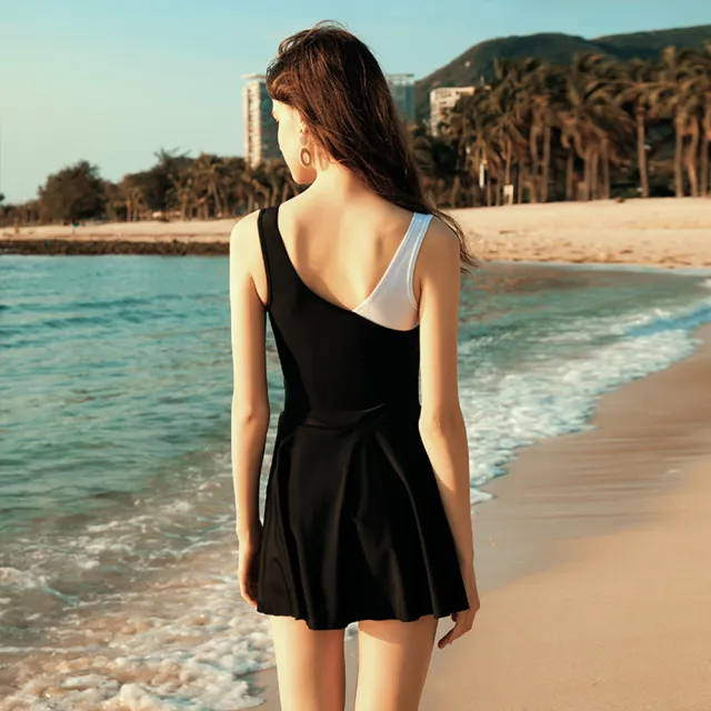 【Heatwave 熱浪】泳衣女夏保守遮肚新款溫泉海邊黑色連身裙式泳衣(83001/M-3XL)