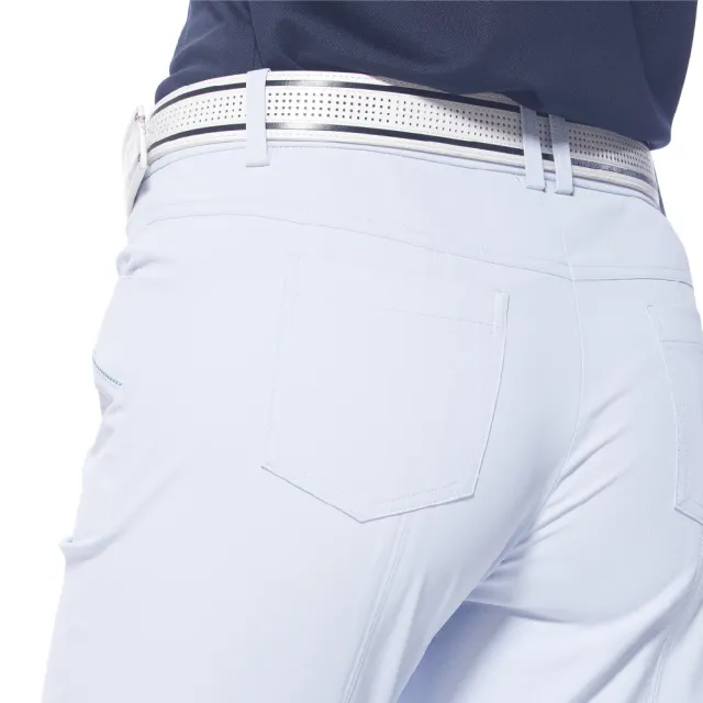 【Lynx Golf】女款日本布料吸汗速乾舒適配色口袋褲腳開衩窄管七分褲(淺藍色)