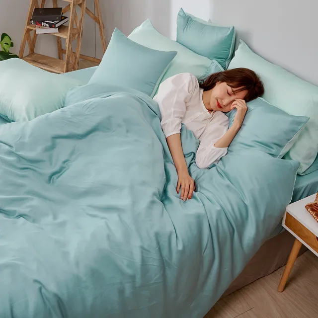 【戀家小舖】60支100%天絲枕套兩用被床包四件組-加大(永恆系列-芬妮綠)