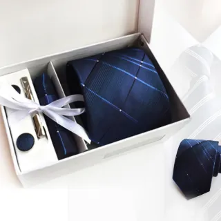 【THE GENTRY 紳】時尚紳士男性領帶六件禮盒套組-藍色菱格款(精美禮盒裝-送禮、禮物)