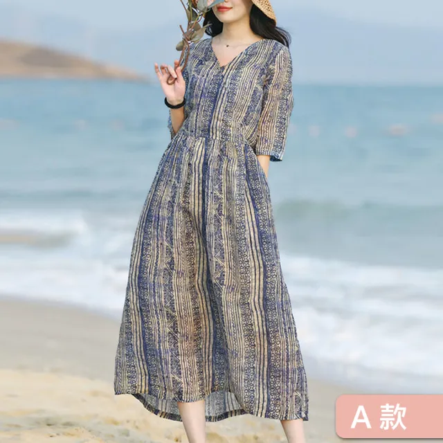 【ACheter】海風飄逸條紋印花氣質棉麻感V領七分袖寬鬆長版洋裝#112148(2款任選)