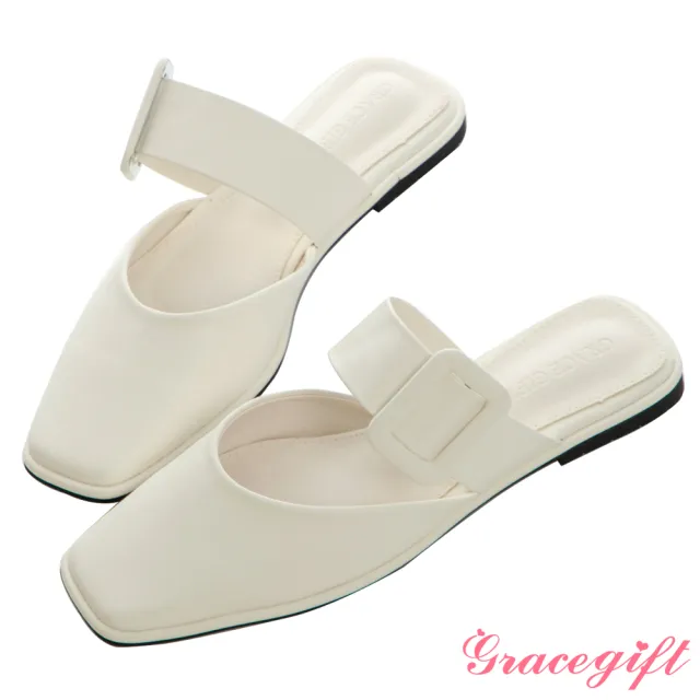【Grace Gift】方釦造型平底穆勒鞋(白)