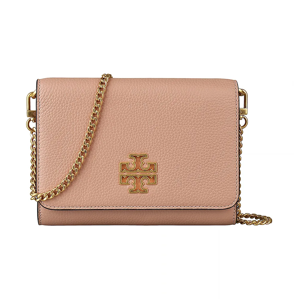 【TORY BURCH】TORY BURCH Britten 金屬鏤空雙T LOGO牛皮磁釦式掀蓋鏈帶肩背包(粉紅)