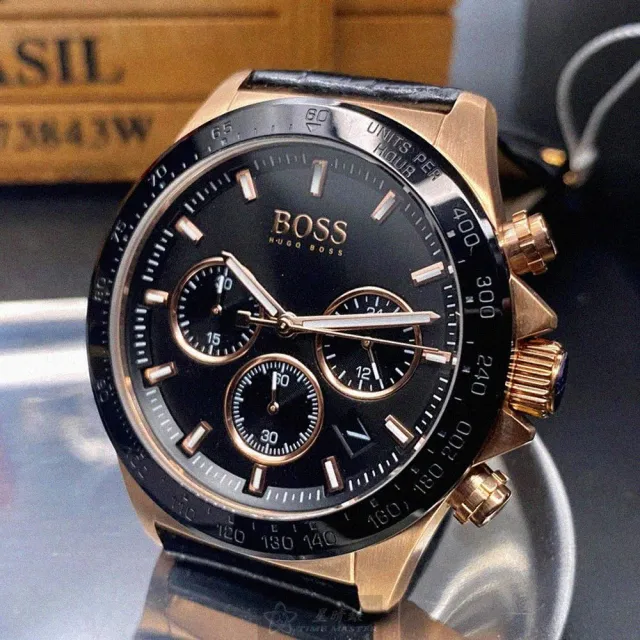 【BOSS】BOSS伯斯男女通用錶型號HB1513753(黑色錶面玫瑰金錶殼深黑色真皮皮革錶帶款)