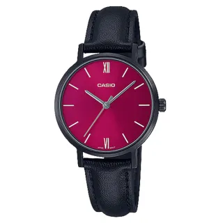 【CASIO 卡西歐】簡約指針女錶 皮革錶帶 紅色錶面 日常生活防水 LTP-VT02BL(LTP-VT02BL-4A)