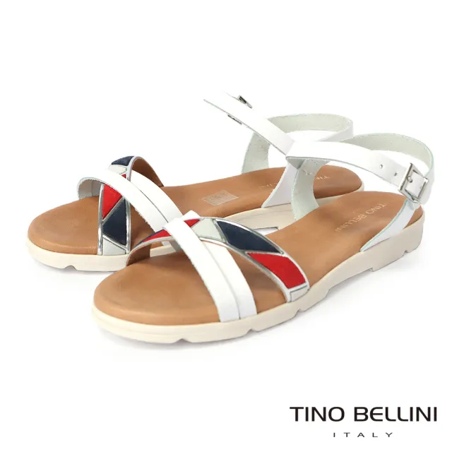 【TINO BELLINI 貝里尼】西班牙進口撞色交叉造型牛皮平底涼鞋FSJT0001(白)