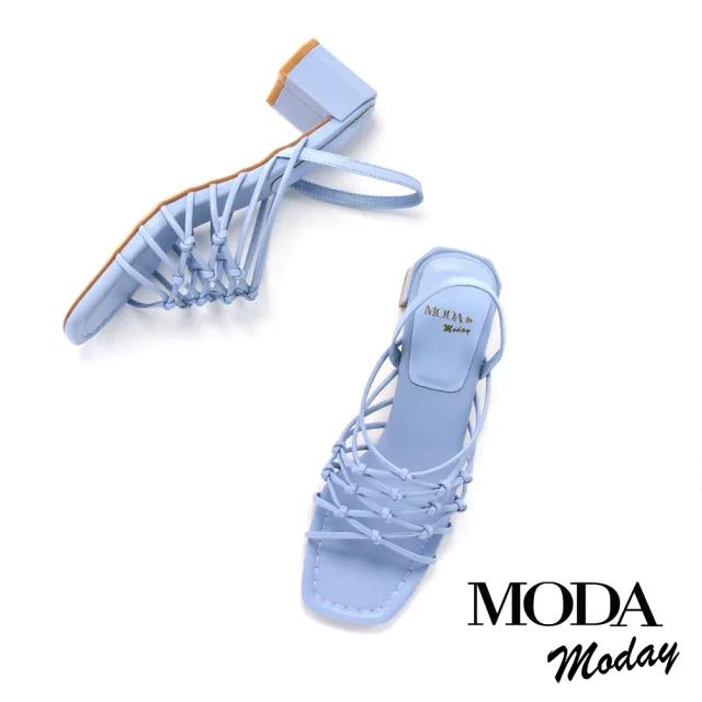 【MODA Moday】簡約交叉線條羊皮方頭粗跟涼鞋(藍)