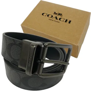 【COACH】C LOGO男款寬版皮帶禮盒(PVC-黑灰)