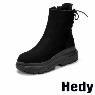 【Hedy】厚底短靴 拉鍊短靴/純色絨面厚底交叉綁帶造型短靴(黑)