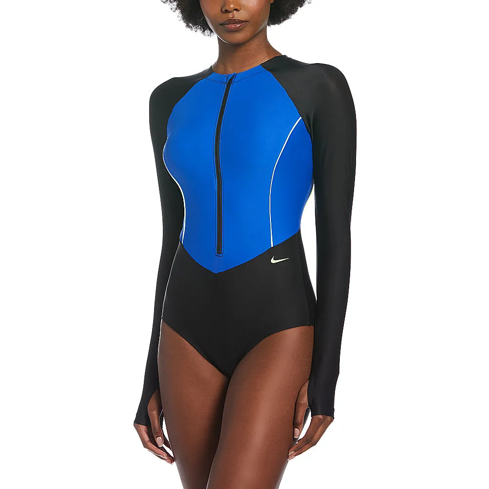 【NIKE 耐吉】SWIM 泳裝 女泳裝 連身泳裝 長袖衝浪 黑藍 NESSB186-001