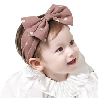 【Akiko Sakai】可愛蝴蝶結造型棉麻布料0.5-2歲寶寶髮帶 -粉白點點(生日 送禮 禮物)