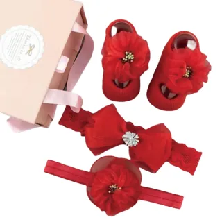 【Akiko Sakai】淘氣寶寶系列網紗蝴蝶結髮帶鞋襪套三件組禮盒(生日 送禮 禮物)