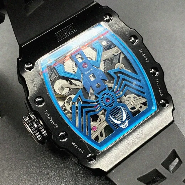 【Marvel 漫威】MARVEL漫威男錶型號MARV002(雙面機械鏤空錶面黑錶殼深黑色矽膠錶帶款)