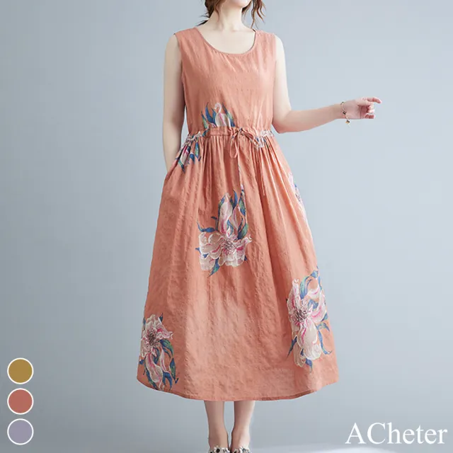 【ACheter】南洋度假印花寬鬆棉麻感圓領無袖寬鬆背心長洋裝#112210(4款任選)