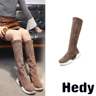 【Hedy】平底長筒靴/運動風舒適平底彈力美腿效果長筒靴(黑)