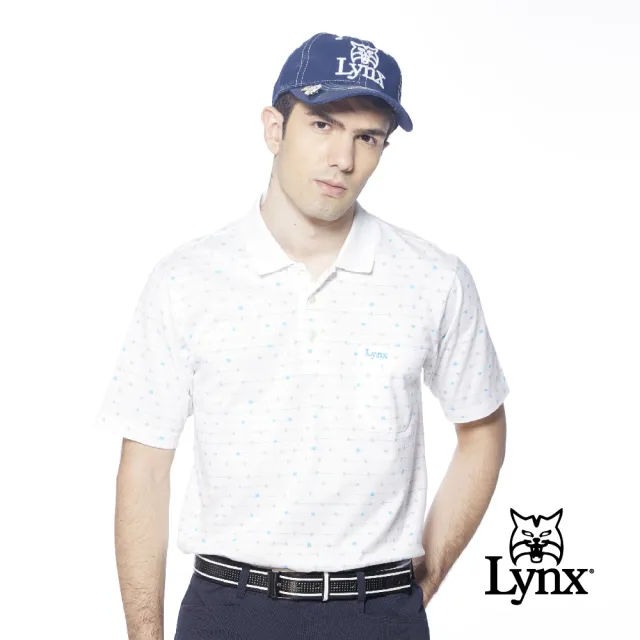 【Lynx Golf】男款雙絲光純棉羅紋領條紋滿版小山貓印花胸袋款短袖POLO衫/高爾夫球衫(白色)